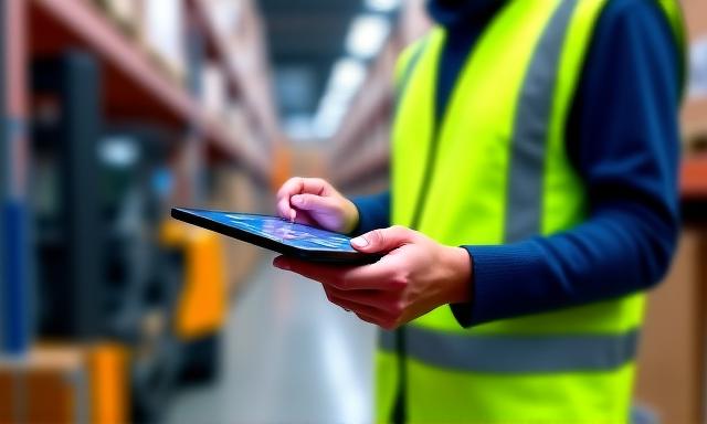 Warehouse staff using digital inventory management tablets