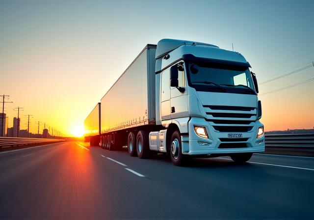 Modern fleet of trucks on a highway at dusk